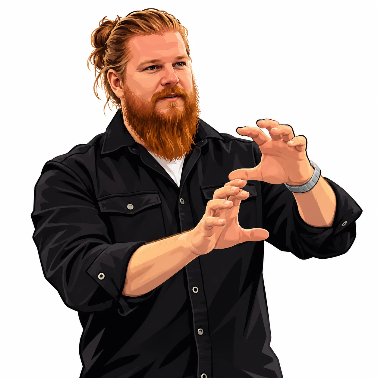 Illustration: Bastian mit rotem Bart und Dutt zeigt mit beiden Händen eine Größe