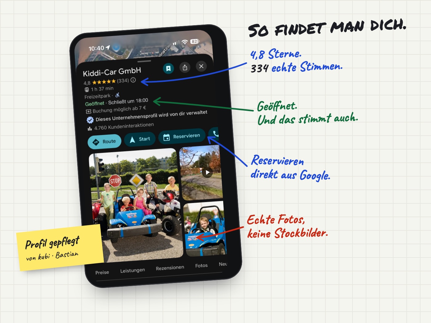 Smartphone mit dem Google-Unternehmensprofil von Kiddi-Car in Google Maps: 4,8 Sterne aus 334 Bewertungen, geöffnet, Reservieren-Button und echte Fotos